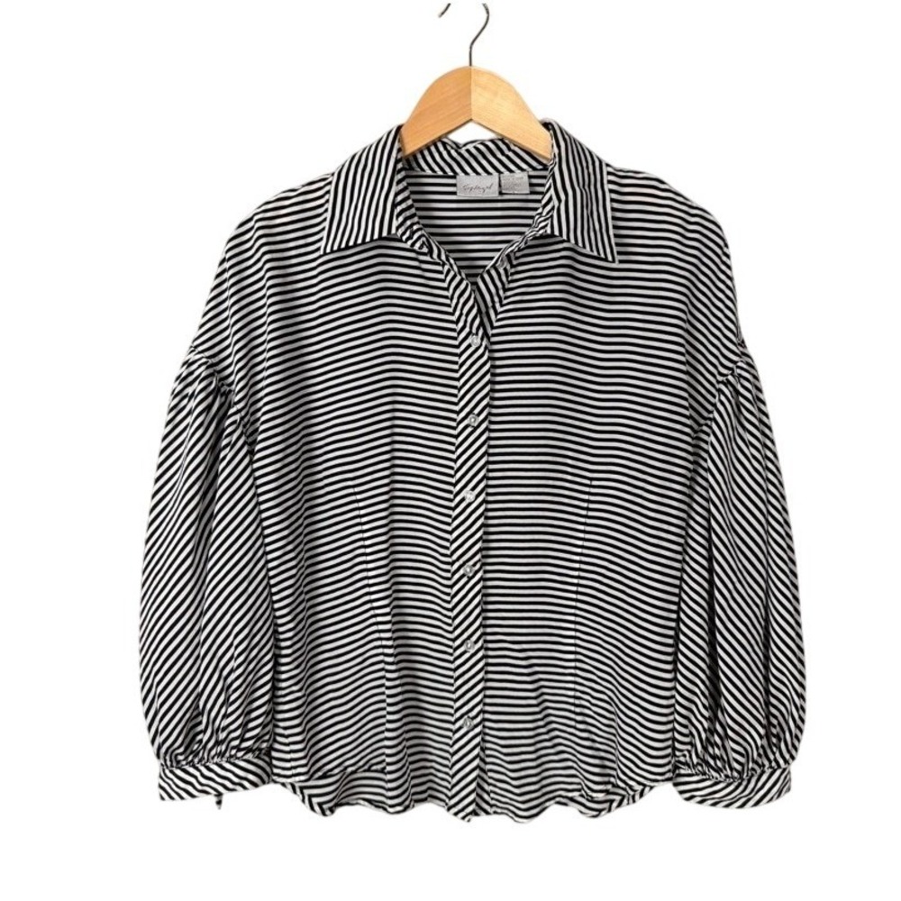 Spiegel Black White Stripe Balloon Sleeve Button Up‎ Shirt Size 12